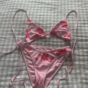 Women's Pink Floral Tie Triangle Bikini Set
